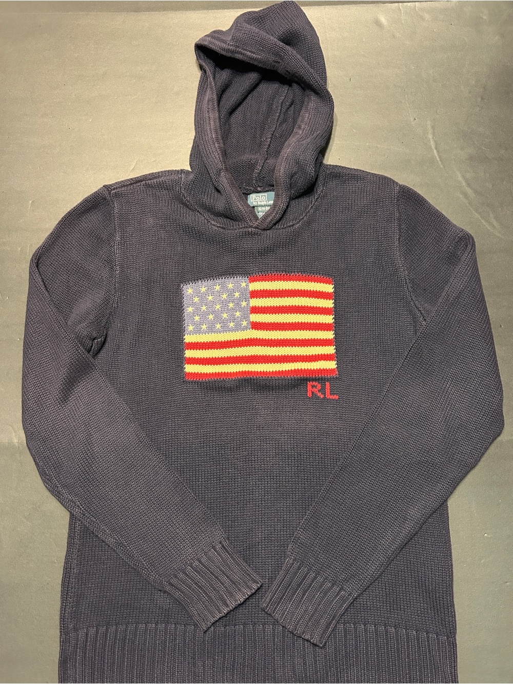 Polo Ralph Lauren Kids XL 18-20 Navy American Flag Cotton Knit Hoodie Sweater
